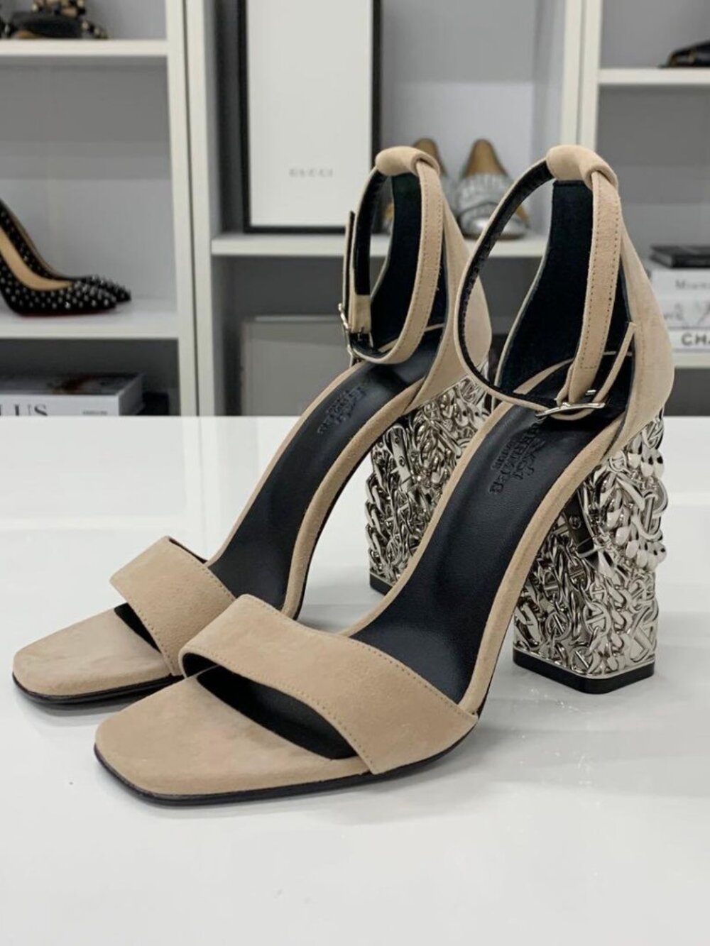 Hermes Glam 105 Suede Chaine D'ancre Metal Sandals - Picture 2 of 10